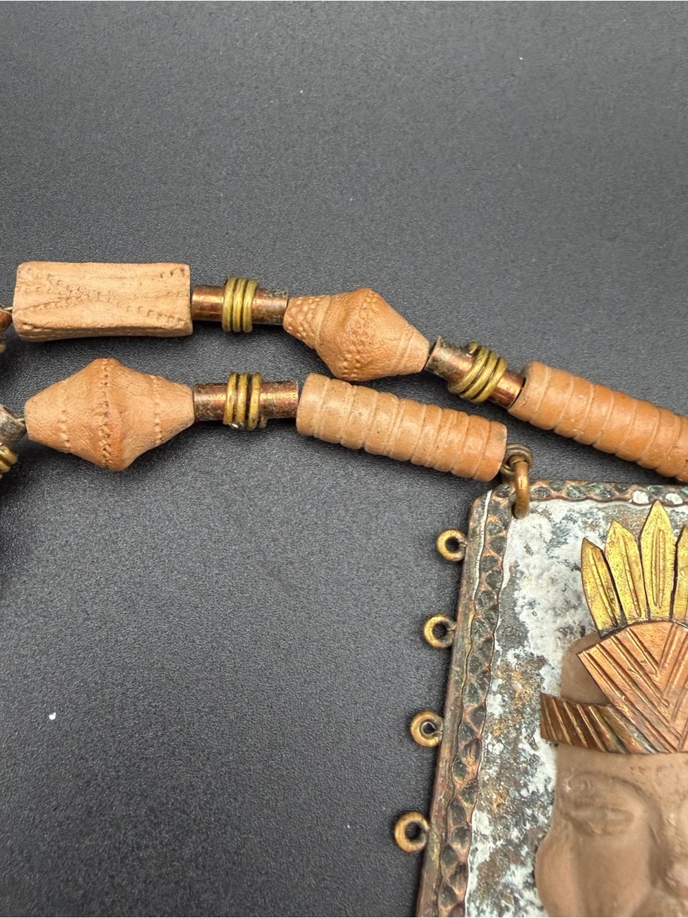 Vintage Casa Maya Mexico mixed-metal carved clay pendant necklace #B82 - Picture 4 of 13
